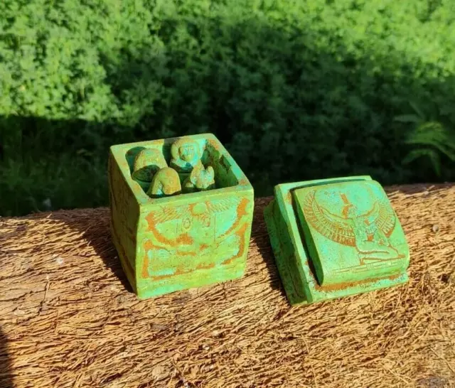 ANCIENT EGYPTIAN ANTIQUES CANOPIC JARS green Box Anubis Isis Eye Of Horus BC