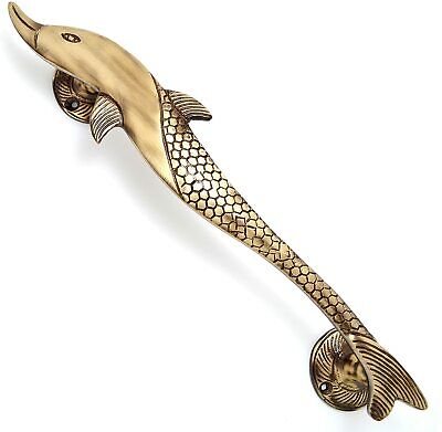 Antique Style  Dolphin Design Brass Door Handle Pair Hardware Set of 2
