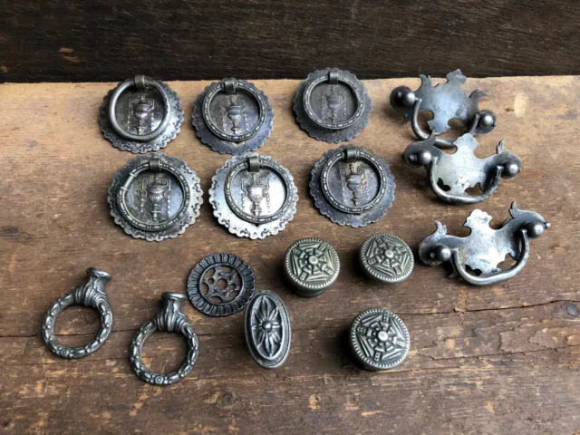 Qty=15 pc Old Vintage Antique Ornate Silver Plate/Nickel Drop Ring Pulls ~ marks