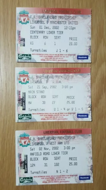 Liverpool 3 x Premier League ticket stubs - West Brom West Ham Man Utd 2002