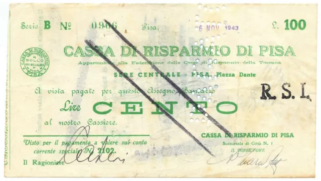 100 Lire Cassa Di Risparmio Di Pisa Assegno A Taglio Fisso Rsi 06/11/1943 Bb