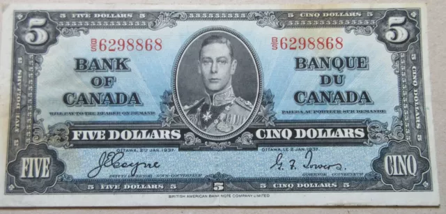 1937 Bank of Canada Five Dollars Bill. F - VF $5 Bank Note 3