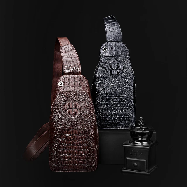 Men's Sling Backpacks Handcrafted Siamese Crocodile Skin Leather Crossbody Bag