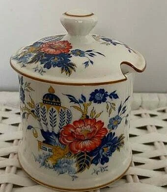 Crown Staffordshire Jam Jelly Pot & Lid PENANG Blue Orange Flowers Urn Spoon EUC 2