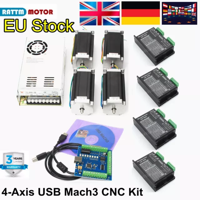 【UK】4 Axis Nema 23 Stepper Motor Driver 112mm 425Oz USB Mach3 CNC Controller Kit