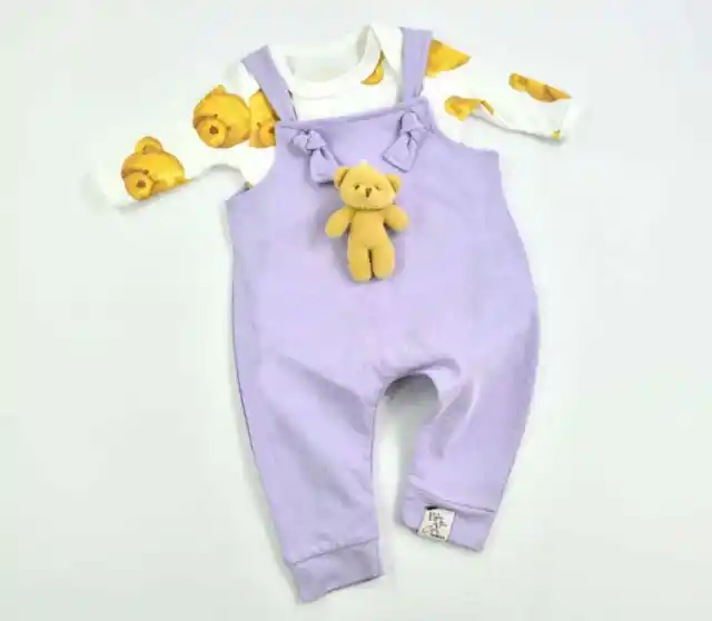 Neu Baby Strampler Latzhose Plüschbär mit Langarmbody 2Tlg. Set Gr. 62 68 74 80 3