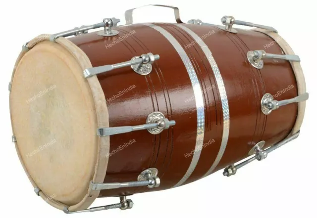 17"Size Wooden Dholak Indian Folk Musical Instrument Drum Nuts N Bolt With Cover