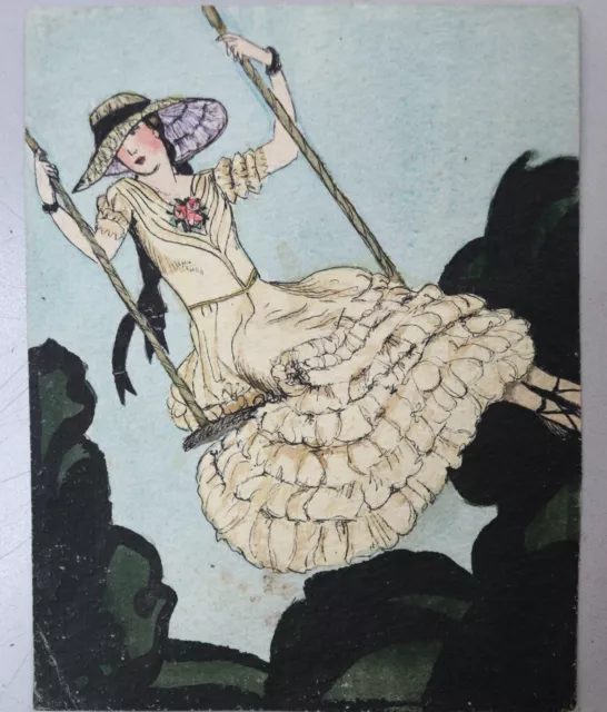 Small Vintage Original Watercolor Painting of Woman on a Swing Unsigned Unframed