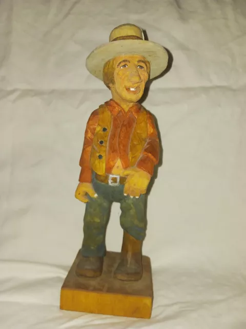 Vintage Hand Carved Painted Wooden Cowboy Figure Folk Art  Signed LM apprx 10.5"