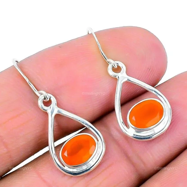 Natural Orange Carnelian Gemstone Drop/Dangle Earrings 925 Sterling Silver