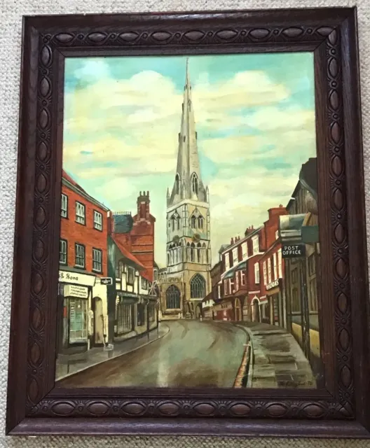 H R Rylait 1978 Large Oak Framed Oil On Board Old Town Street & Spired Church