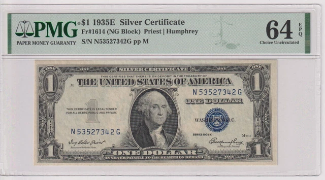 Fr 1614 1935E $1 SC N53527342G PMG 64EPQ RARE FIRST BLOCK  1935-E