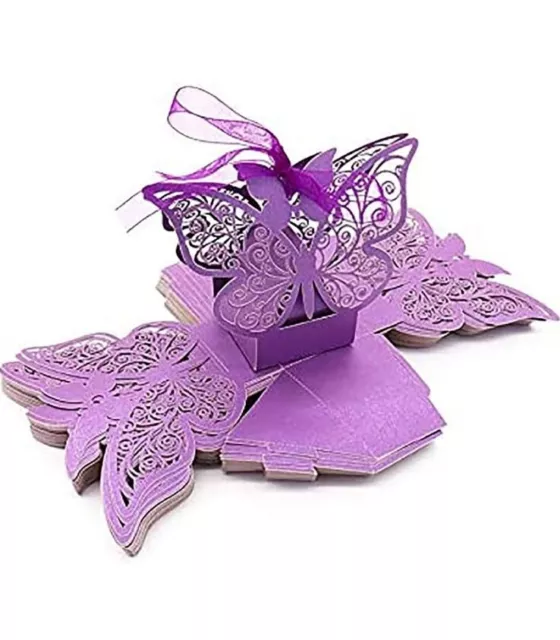 100 x Butterfly Laser Cut Wedding Party Favour Sweet Candy Gift Boxes Ribbons
