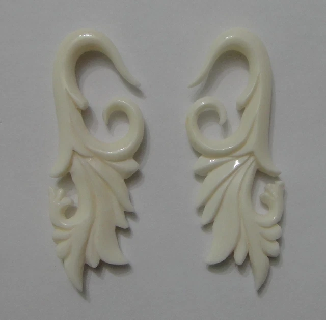 Pair Organic Caved TRIBAL FLORAL BONE SPIRALS TAPER FLOWER HANGER EAR PLUG GAUGE