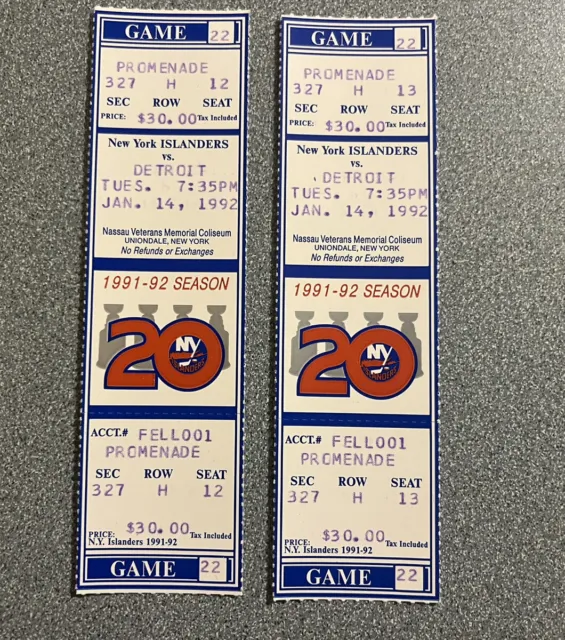 Vintage 1992 New York Islanders Ticket Stubs Vs Detroit Red Wings, Jan 14, 1992
