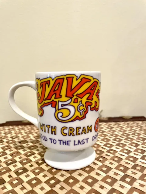 Vintage Milk Glass Pedestal Coffee Mug Java 5 Cents Fill it Up Again Novelty