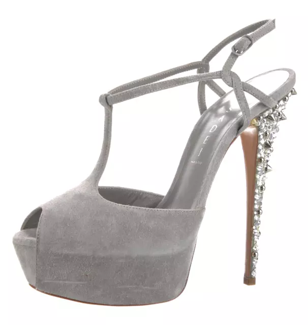 $750 CASADEI Crystal Embellishments T-Strap Gray Sandals Sz 8 Pumps Shoes Heels 2