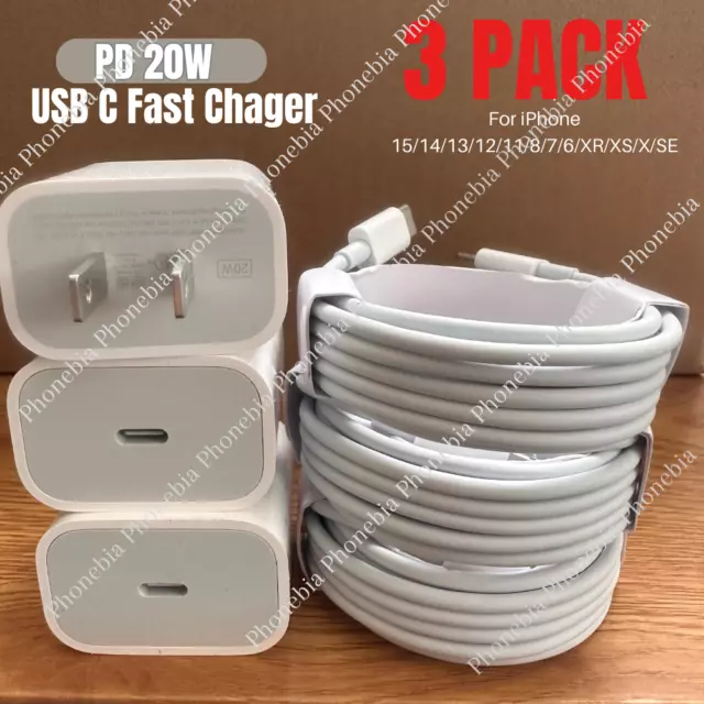 3Pack New 20W PD Fast Charger Cube USB C Cable For iPhone 15 14 13 12 11 Pro Max