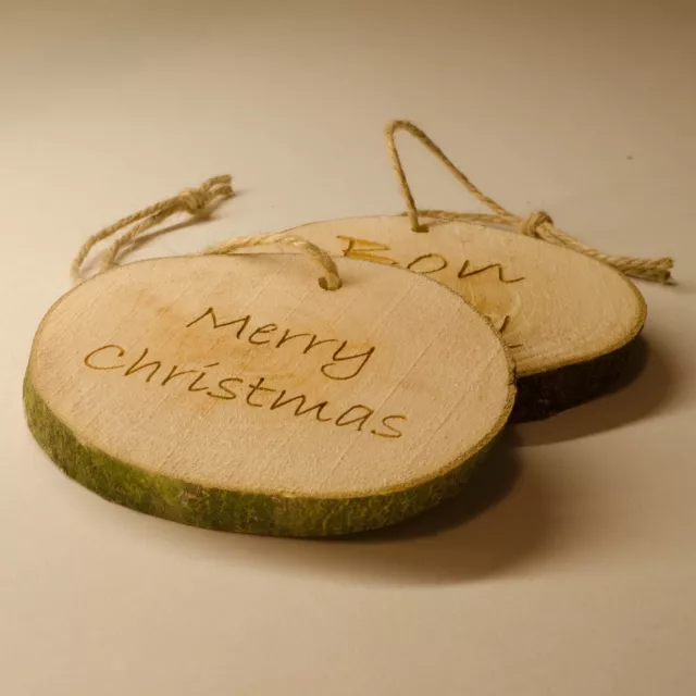 Log Slice Merry Christmas Tree Decoration, Hanging Wooden Ornament, Bon Noel.