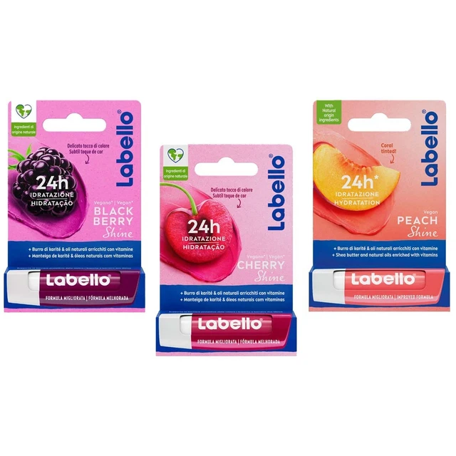 3pz Labello Shine Burrocacao balsamo labbra ciliegia + pesca + mora 5,5ml