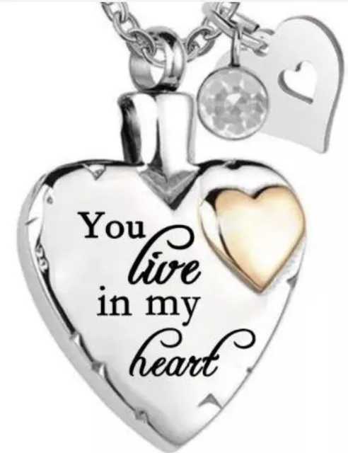 Memorial Urn Necklace Pendant For Ashes: “You Live In My Heart” 55cm WATERPROOF