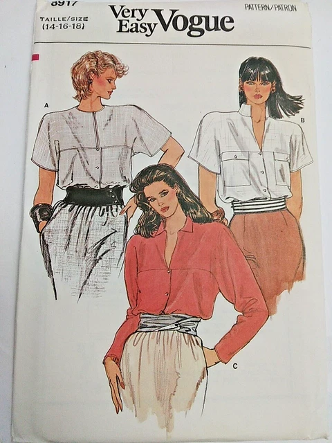 Camisa Top Blusa Botón Arriba 14 16 18 Vogue 8917 Patrón de Costura Muy Fácil UC
