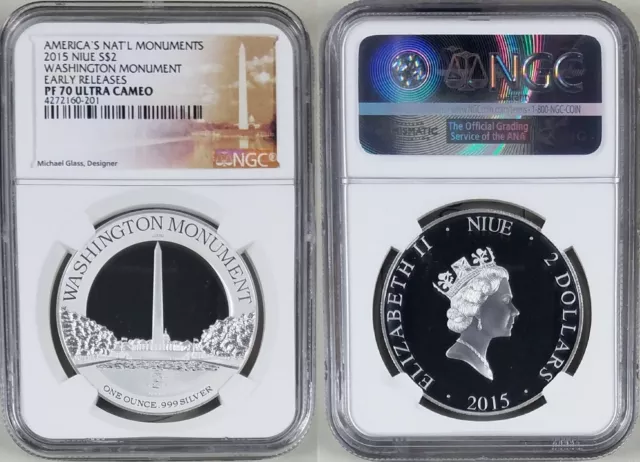 2015 Niue 1 oz .999 Silver $2 Washington Monument PF70 UC NGC Early Releases