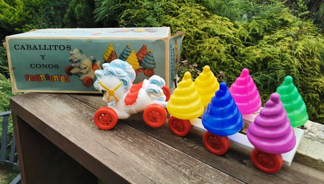 VINTAGE 60's CIPSA MEXICO PULL ALONG PLASTIC MUSICAL TOY PONIES HORSES NEW IN OB