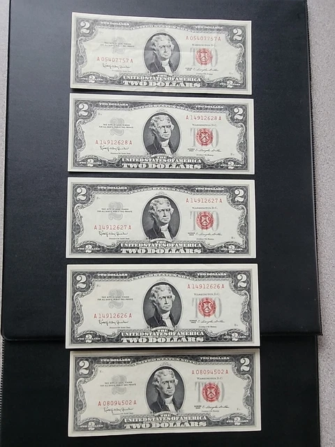 Lot Of 5 2 $ Dollar Silver Certificate Bills Red 1963 Series Nice Crisp Bills