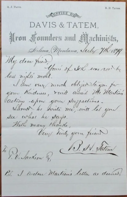 Helena, MT 1879 Letterhead: Iron Founders & Machinists - Montana Mont