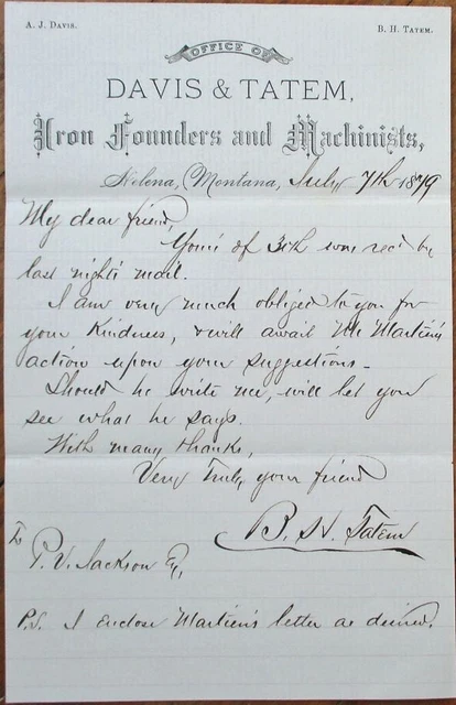 Helena, MT 1879 Letterhead: Iron Founders & Machinists - Montana Mont
