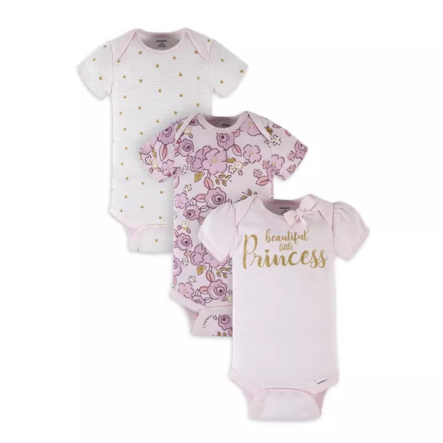 Gerber Baby Girl's 3 Pack Short Sleeve Onesies Various Sizes Floral Dot Princess