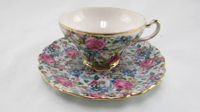 Juego de rosas y flores Chintz vintage con adorno dorado y platillo fabricante desconocido