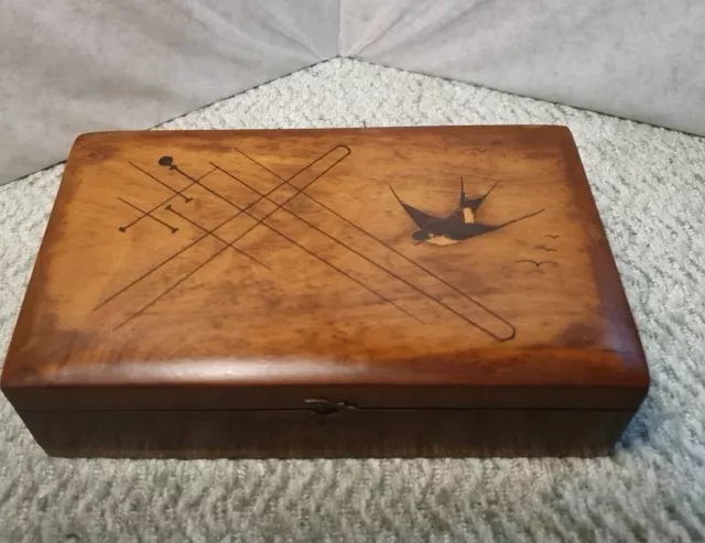 Antique olive wood Swallow inlays stamp box C1900 Trinket Treasure Box 3