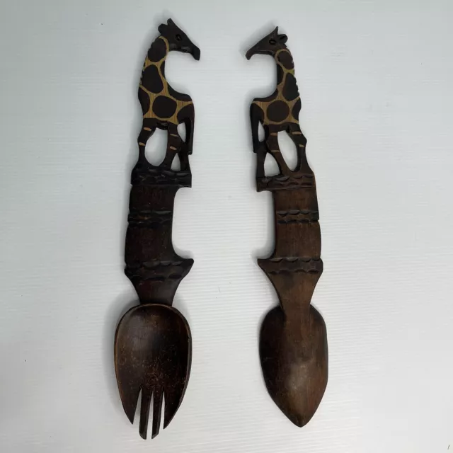 Retro Kitchen Wall Art Big Carved Wooden Fork & Spoon African Giraffe Tiki 2