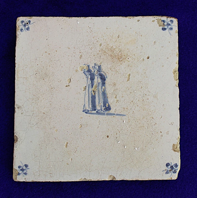 1700s Antique Dutch Delft Blue/White 2 Strolling Men Faience Tile #11