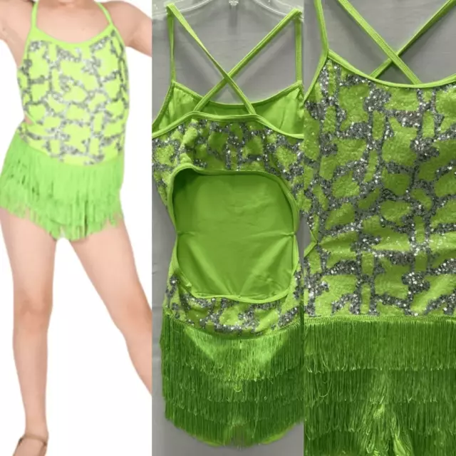 WEISSMAN Dance Costume neon green fringe sequins dress Feel This Moment 8638 SA