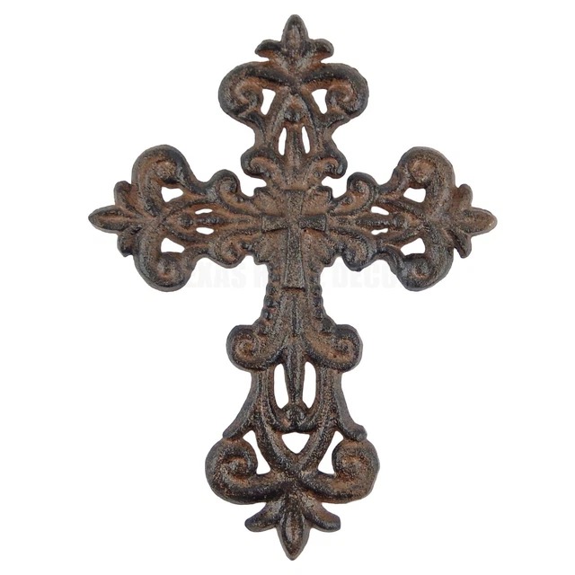 Fleur De Lis Wall Cross Cast Iron Floral Rustic Antique Victorian Style 9.25"