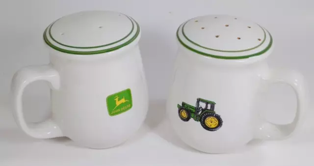 Gibson John Deere Tractor and Logo Large Ceramic Salt Pepper Shaker Pair Set.