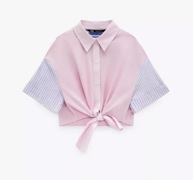 ZARA Poplin Striped Shirt Small @ Pink Blue White Contrast Knot Front