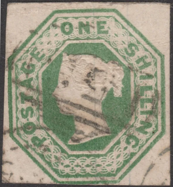 1847 SG55 1s GREEN EMBOSSED CUT SQUARE VERY FINE USED 3 LARGE MARGINS