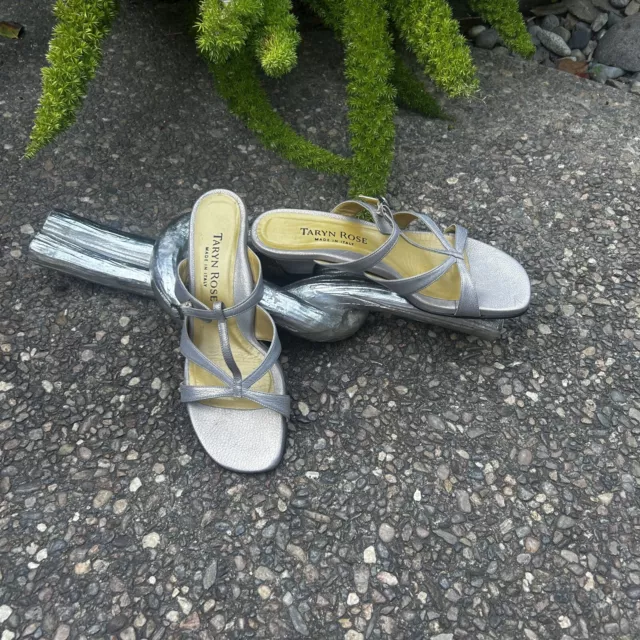 Taryn Rose Metallic Pewter Strappy T Strap Slip On Sandals