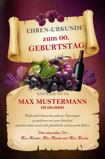 1 Ehrenurkunde zum Geburtstag (jeder möglich) Individuell - D21 - Wein 2