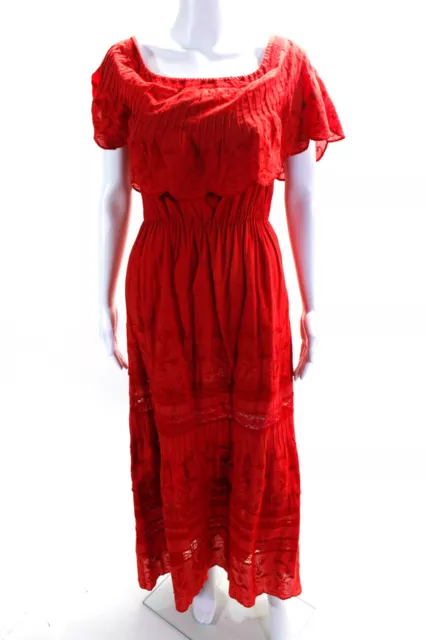 Alice + Olivia Womens Ruffled Scoop Neck Lace Embroidered Maxi Dress Red Size 6