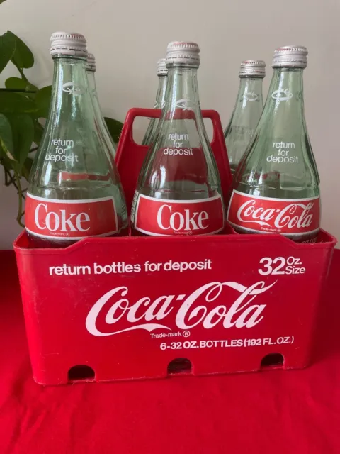 Vintage Coke Coca Cola Six 32 Oz Bottles, Original Lids, Plastic 6-Pack Carrier