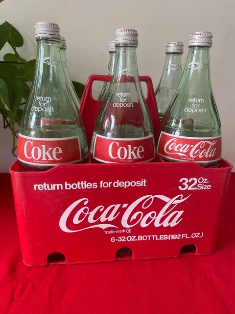 Vintage Coke Coca Cola Six 32 Oz Bottles, Original Lids, Plastic 6-Pack Carrier
