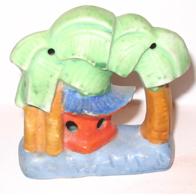 Vintage Hand Painted Fish Tank Aquarium Ornament Tiki Hut & Palm Trees Japan