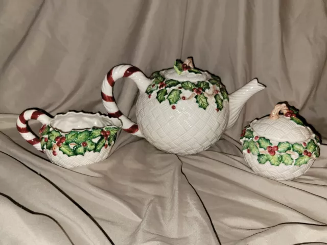 Fitz Floyd Old World Christmas Holly 1989 Teapot Sugar and Creamer Basket Weave