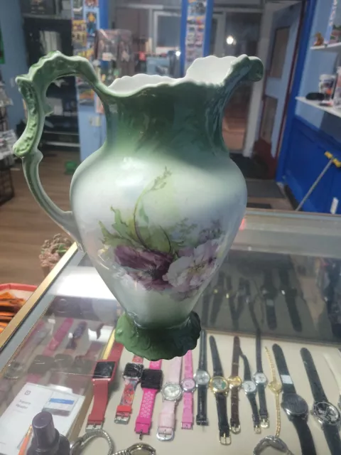Antique Buffalo Pottery Beautiful Pot Porcelain Pitcher Pink Flowers Green Read!
