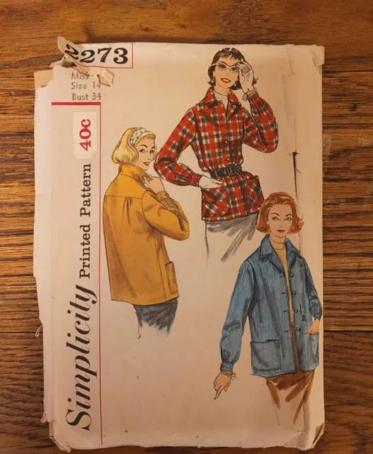 Vtg 50's 60's Simplicity 2273 Flannel Button Up Shirt Sewing Pattern- Sz14 B34"